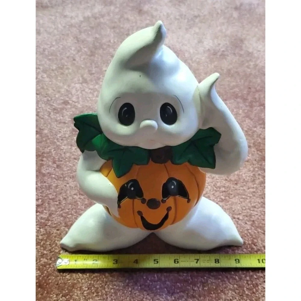 Vintage Ceramic Halloween Ghost Wearing Pumpkin Jack O Lantern Figurine Set 2